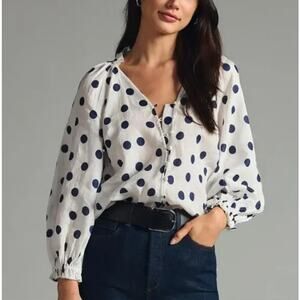 Anthropologie Maeve The Audie Linen Puff-Sleeve Blouse Polka Dot Blouse